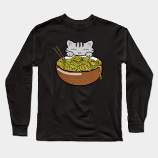 Cute cat eating ramen noodles Long Sleeve T-Shirt